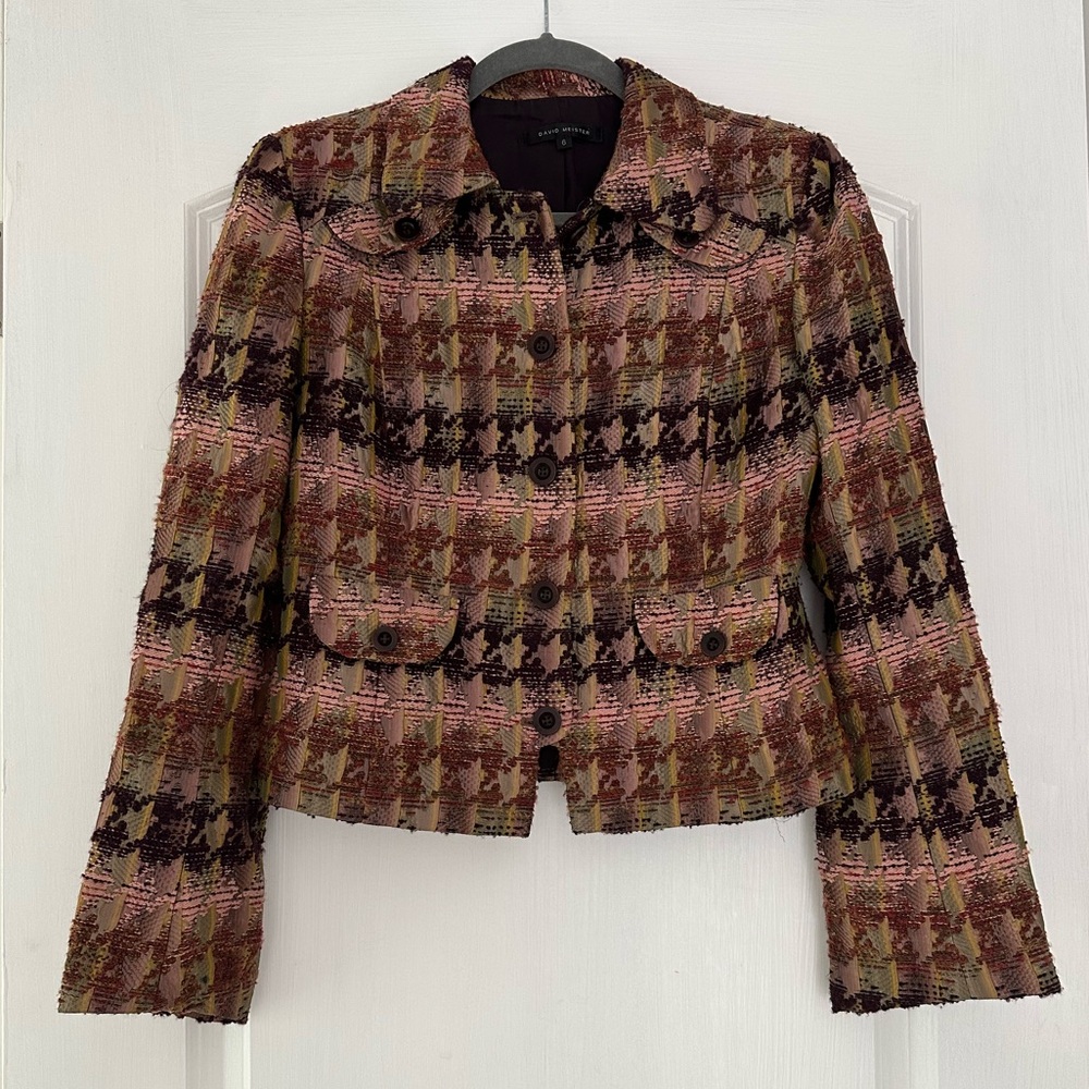 {David Meister} Pink, Brown & Black Tweed Houndstooth Blazer
